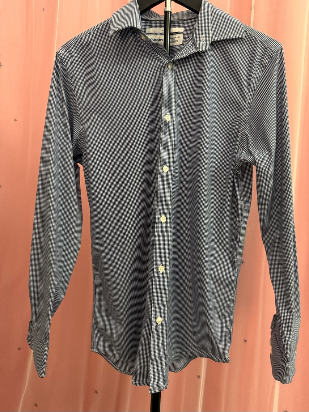 Navy & White Micro-Check Button-Up Long Sleeved Shirt Men’s Size S
